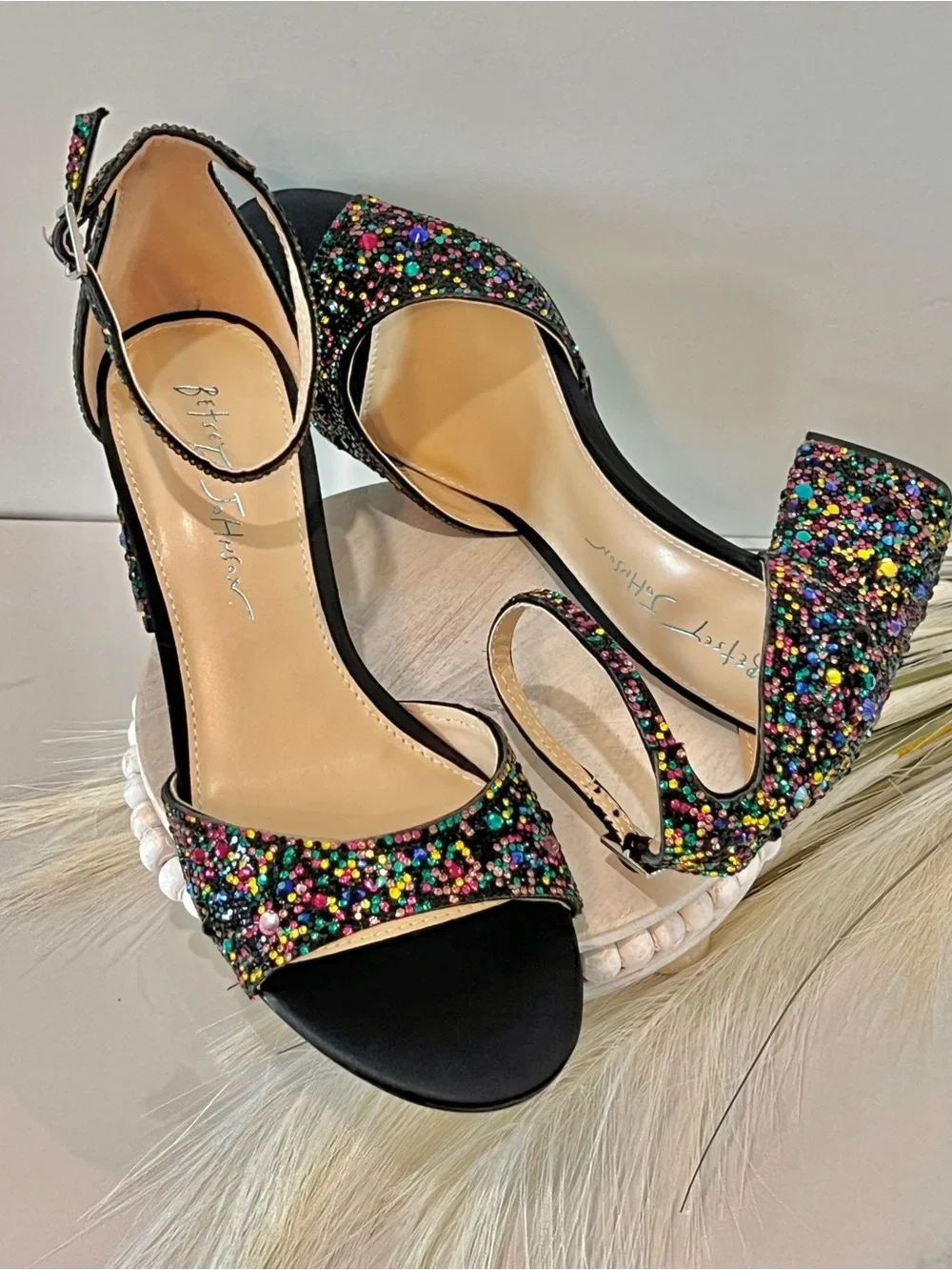 Betsey Johnson Black Multicolor Glitter Block Heel Sandals